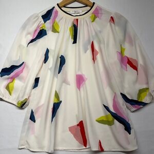 THML Abstract Print Blouse 3/4 Puff Sleeve Boho Cream Colorful Top XS Summer